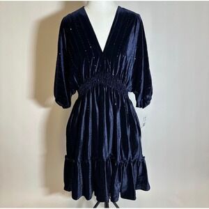 NWT Taylor Velvet Sequin Striped Dolman Sleeve Dress Navy Blue Womens Size 8